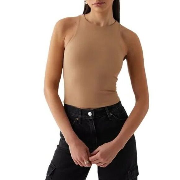 Express Body Contour Tank Small Brown Compression High Neck Cropped Top Basic - Picture 1 of 3